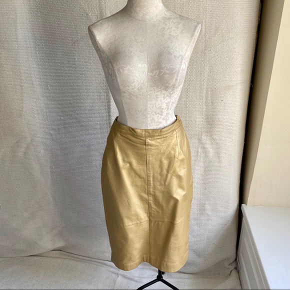 Vintage 90s M Leather Skirt Metallic Gold Pencil - Picture 4 of 8